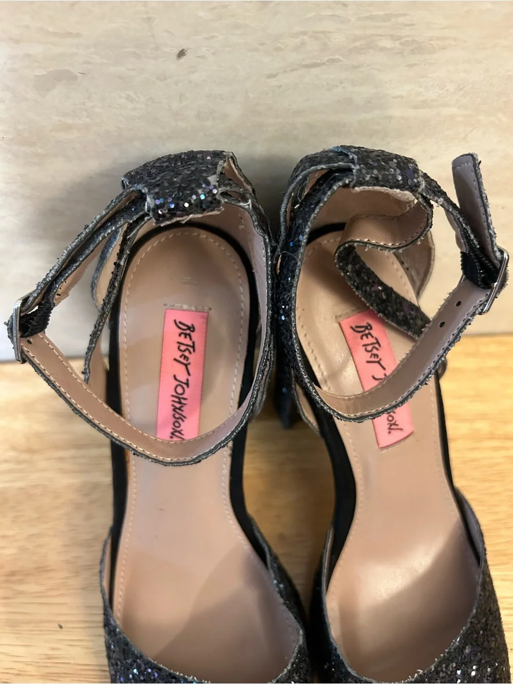 Betsey Johnson Glissten Black Glitter Ankle Strap Sandals.